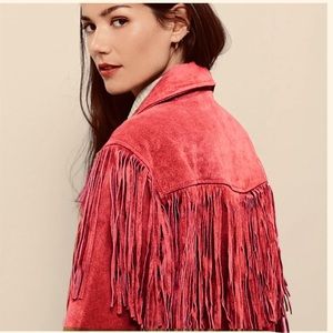 DENIM & Co. Jacket SMALL Red Suede Leather Fringed Cowgirl Lined RODEO Boho